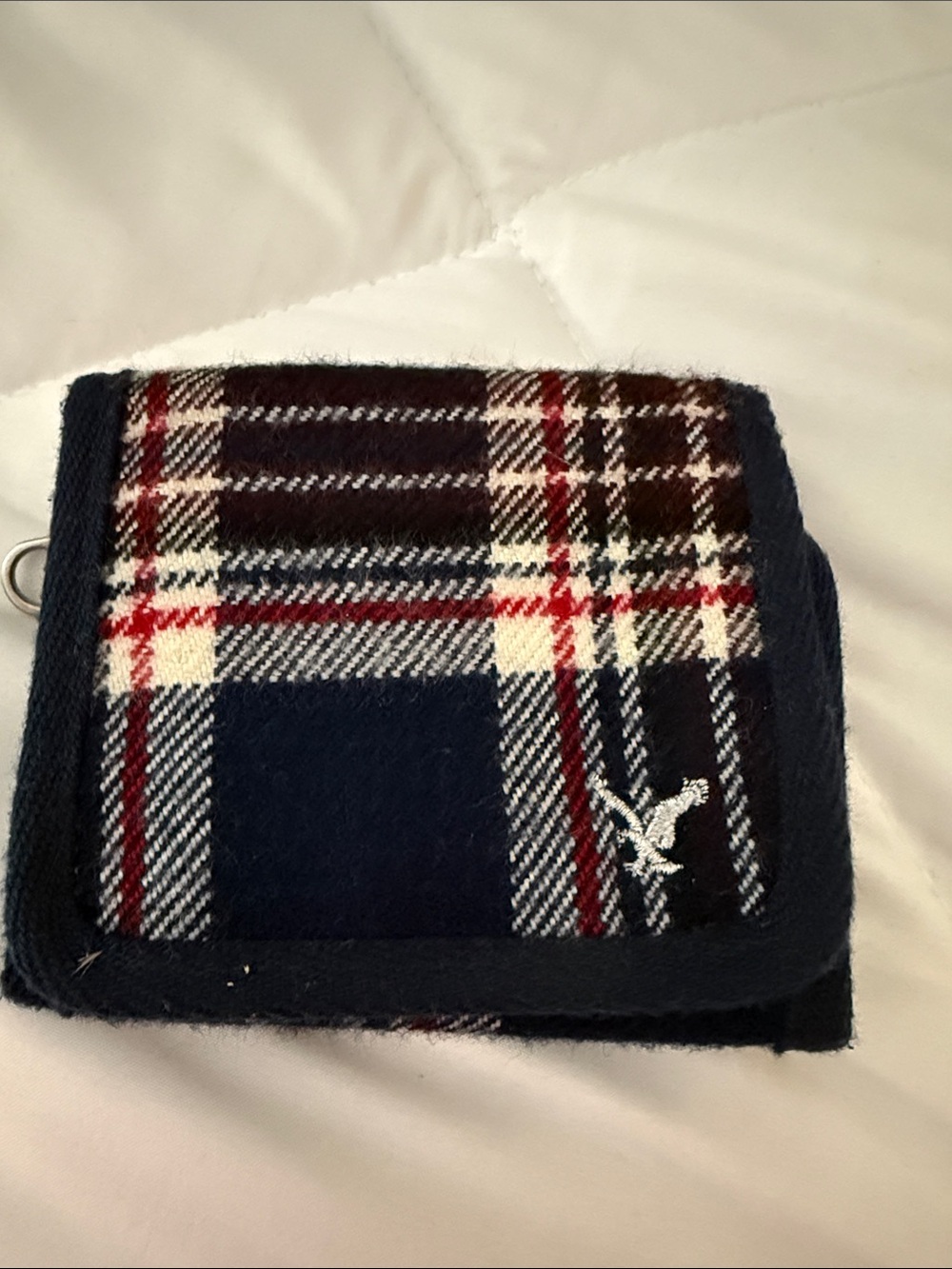 American Eagle Outfitters Navy Plaid Trifold Wallet with Embroidered Logo